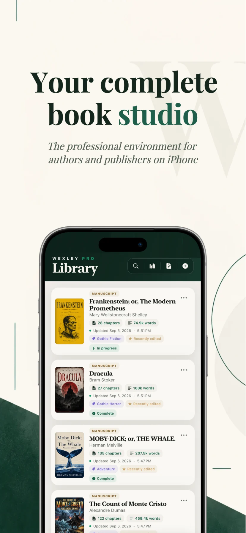 Wexley Pro Library displaying multiple organized book projects