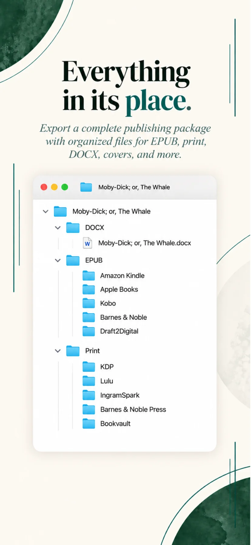 Organized Wexley Pro export folders for Editable DOCX, EPUB, and Print
