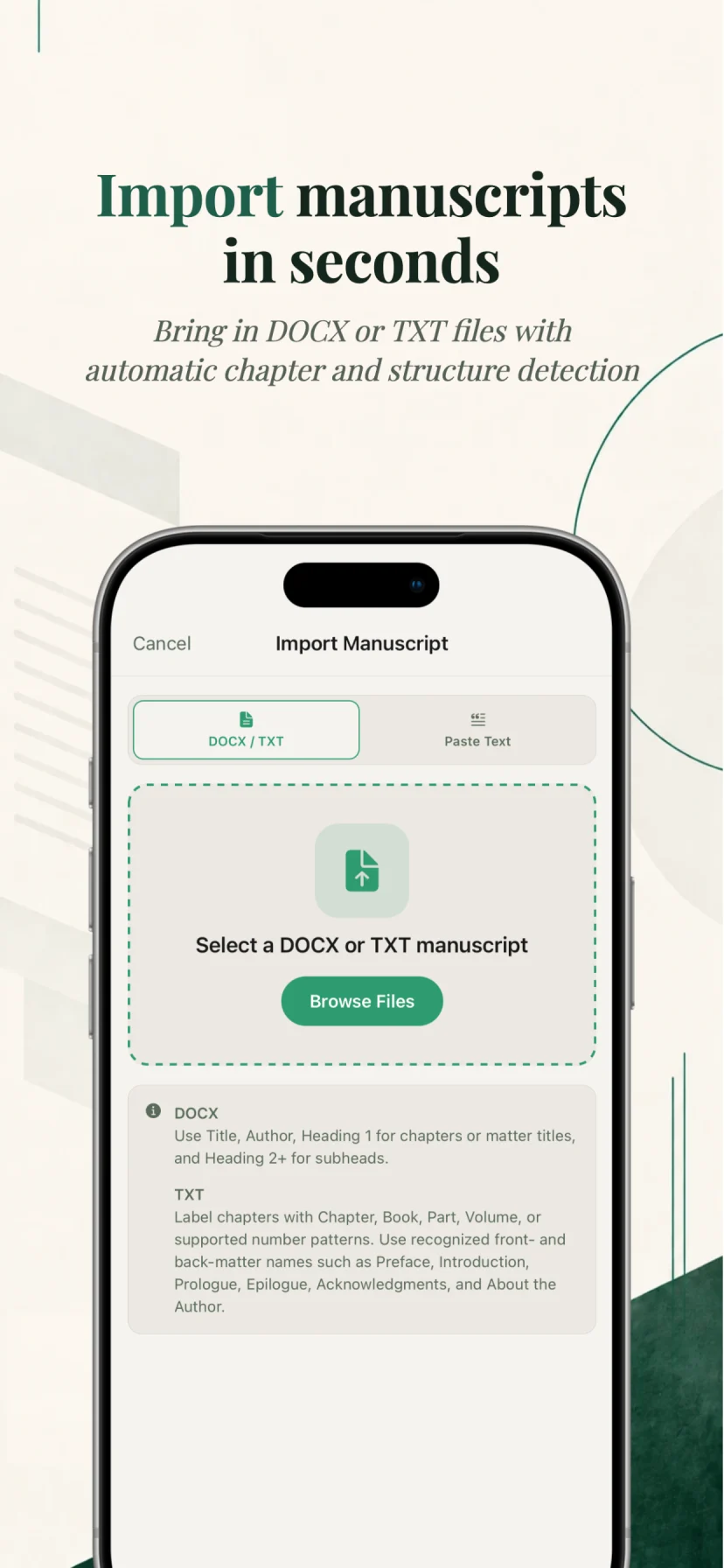Wexley Pro manuscript importer with DOCX, TXT, and paste-text options