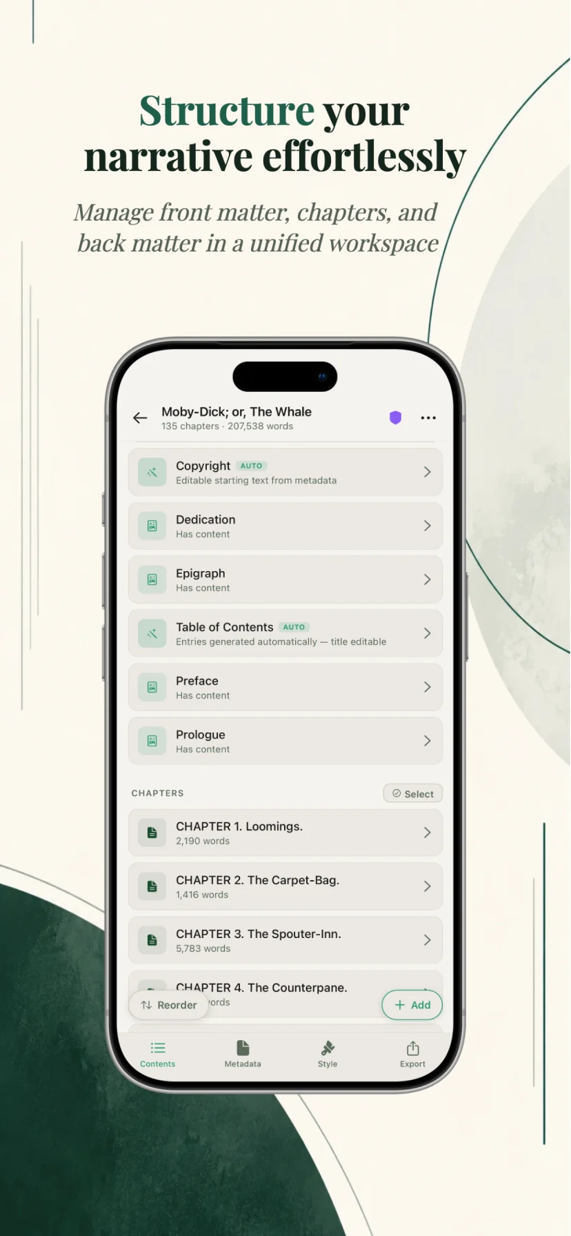 Wexley Pro Contents workspace organizing front matter and chapters