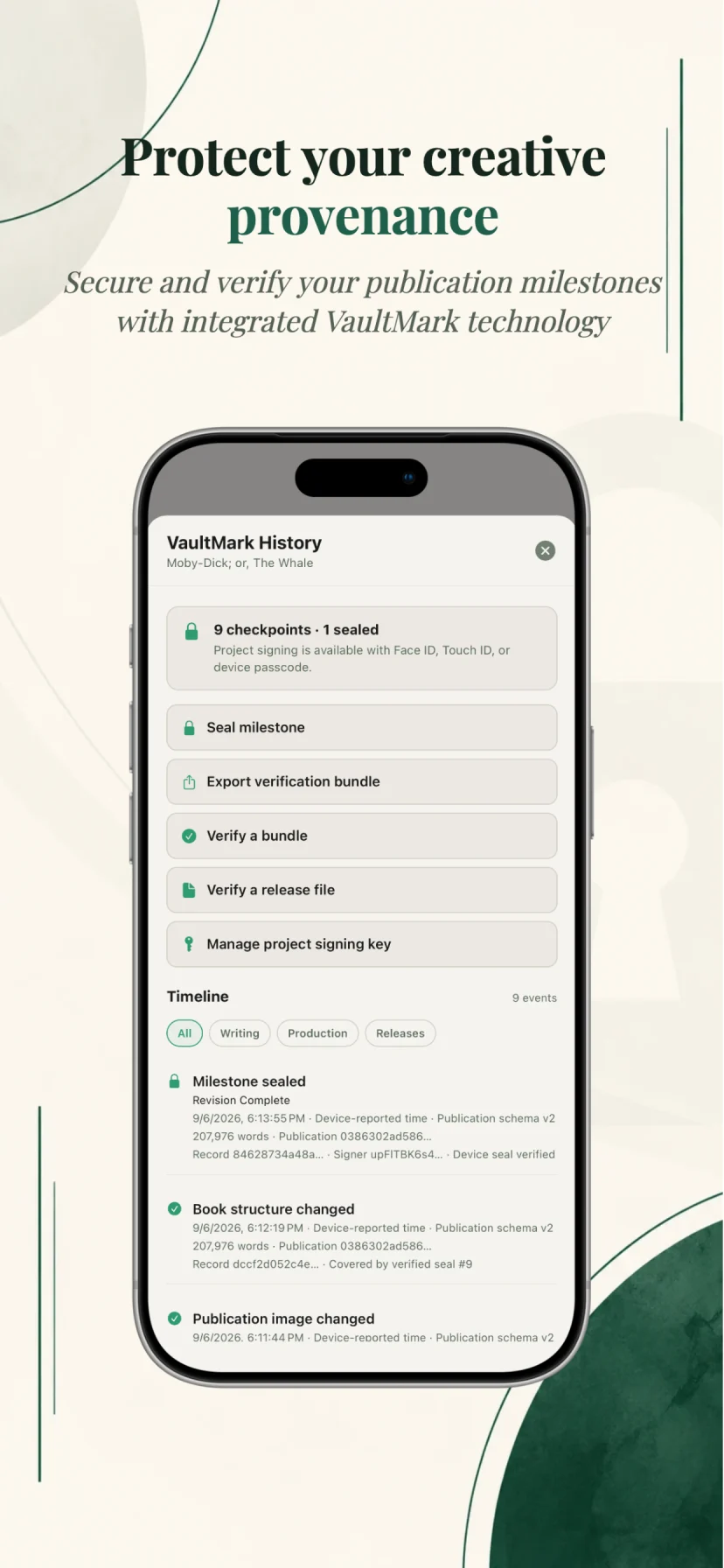 VaultMark History showing publication checkpoints and a sealed milestone
