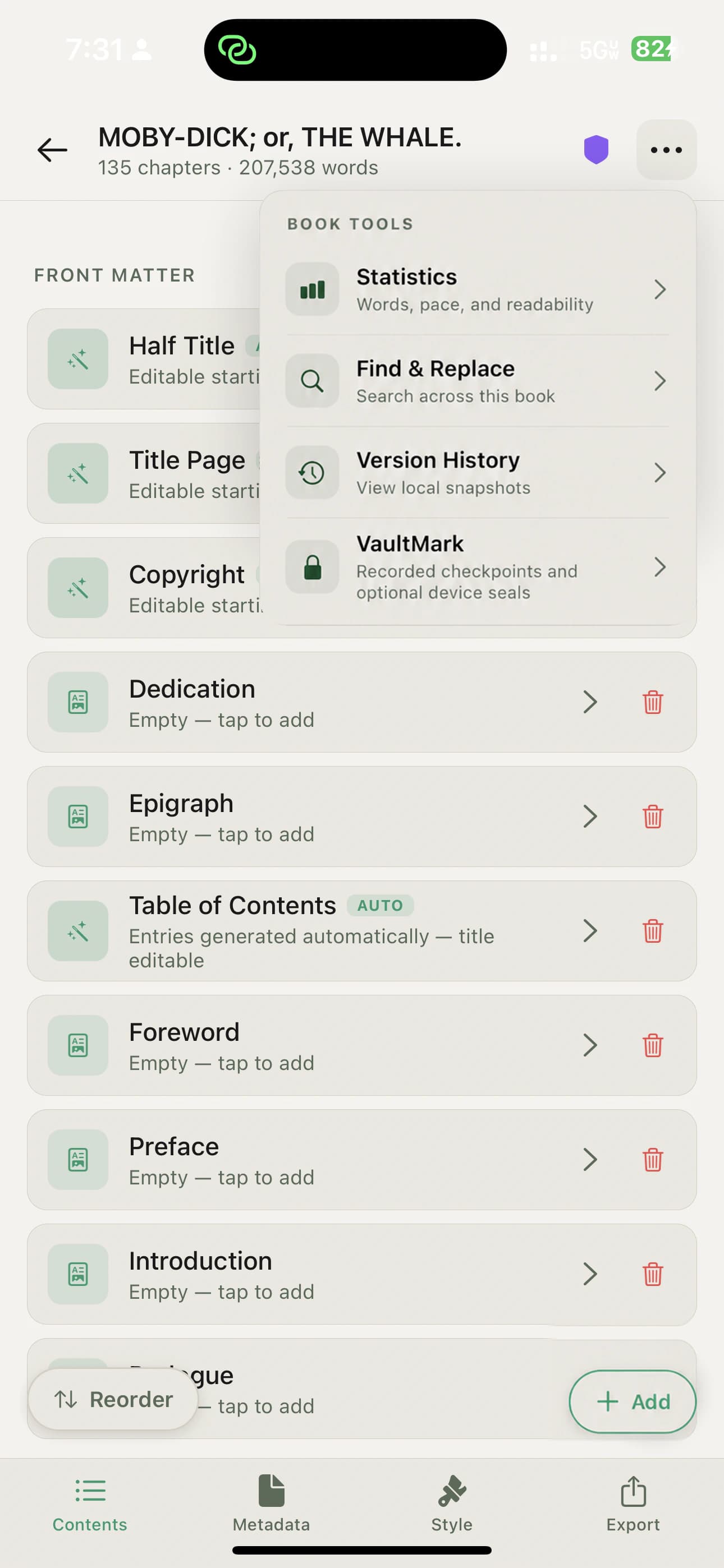 Wexley Pro book tools and manuscript structure
