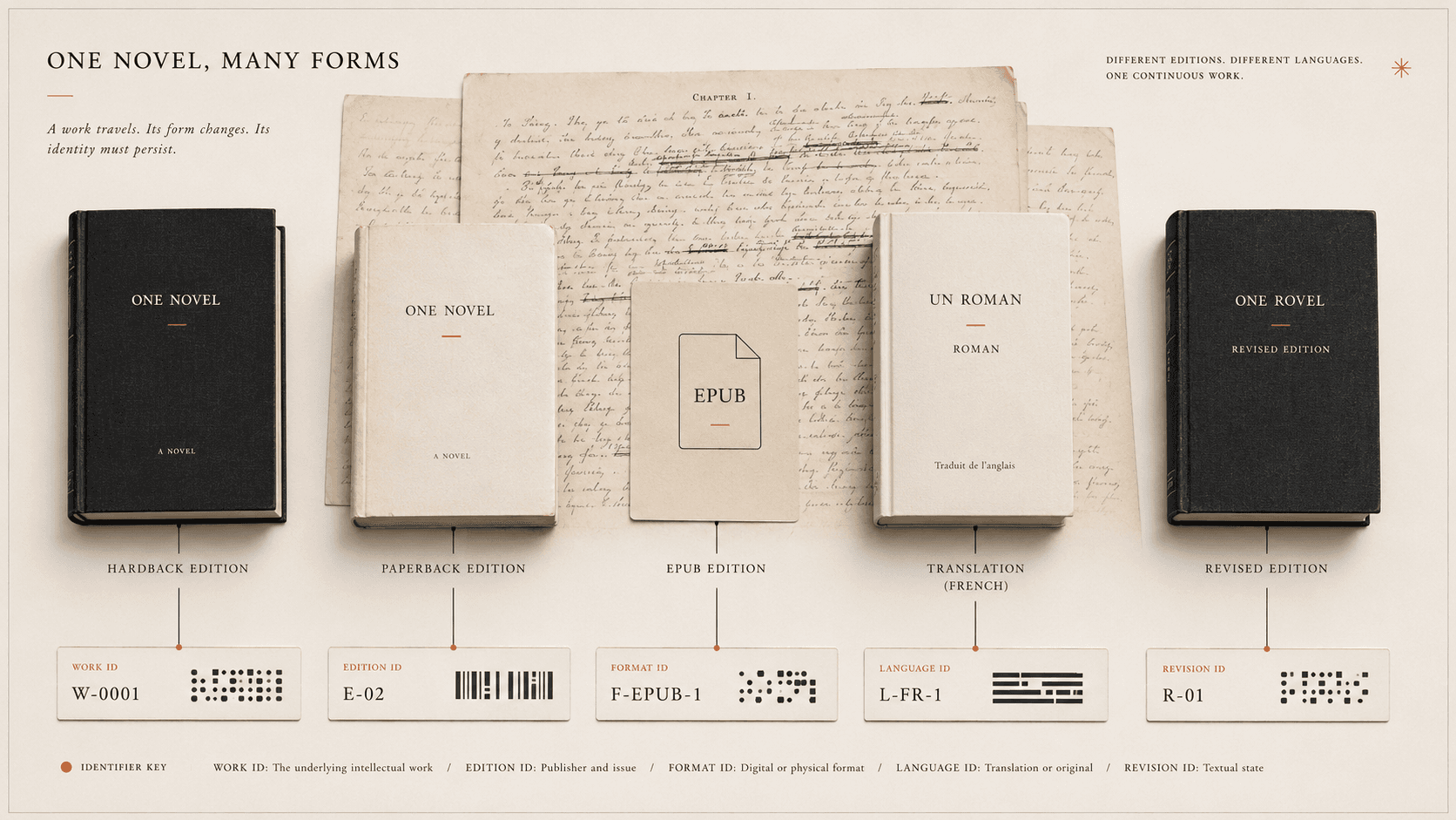 One manuscript branches into hardback, paperback, ebook, translation, and revised edition with separate identifiers.