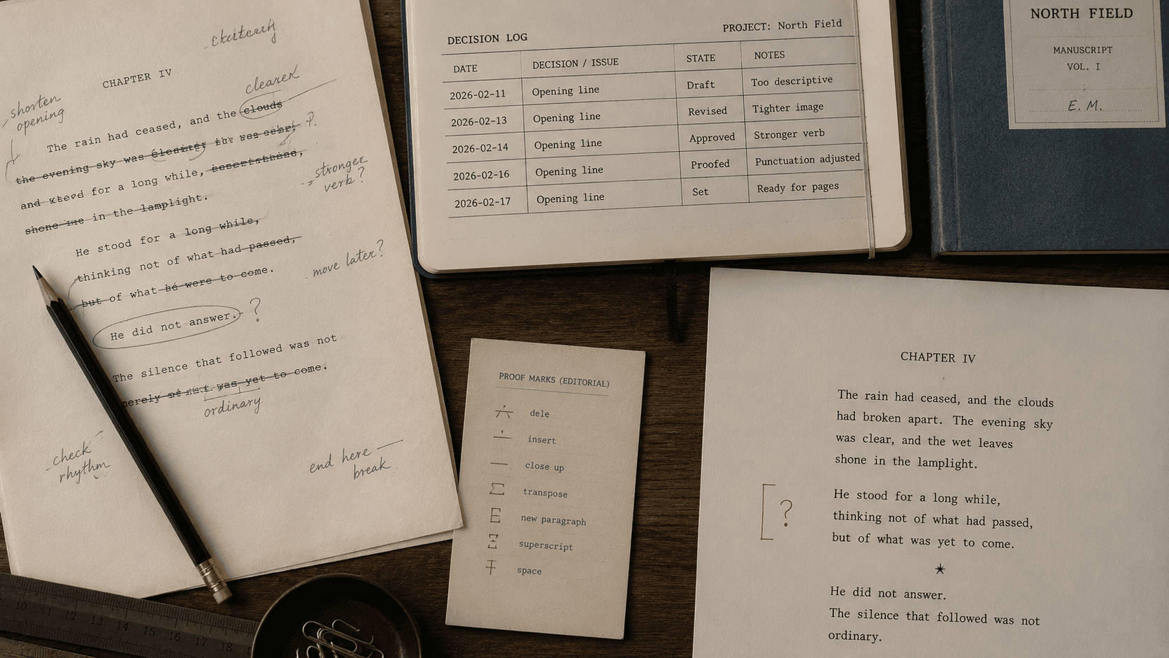 Manuscript, editorial decision log, and typeset proof arranged across a desk.