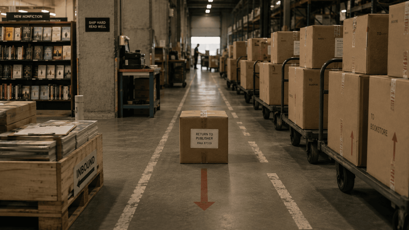 One carton of books returning through a warehouse while other cartons move toward stores.