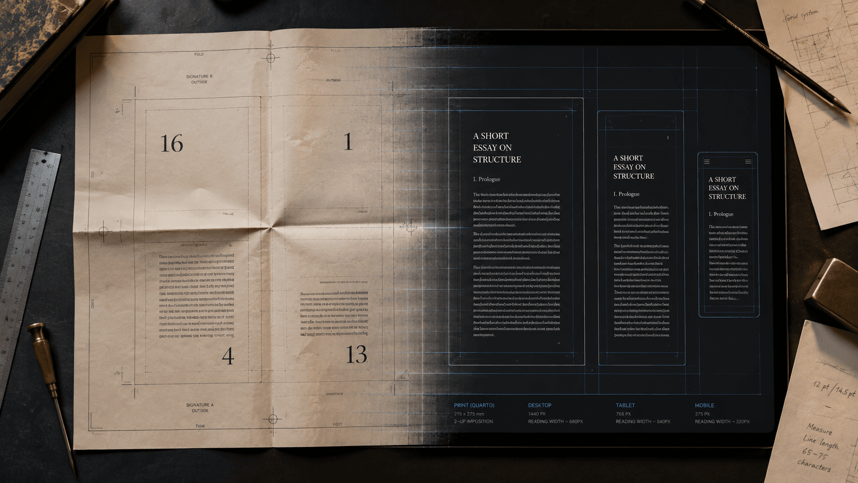 A folded print sheet with imposed pages transitions into a responsive digital text grid.