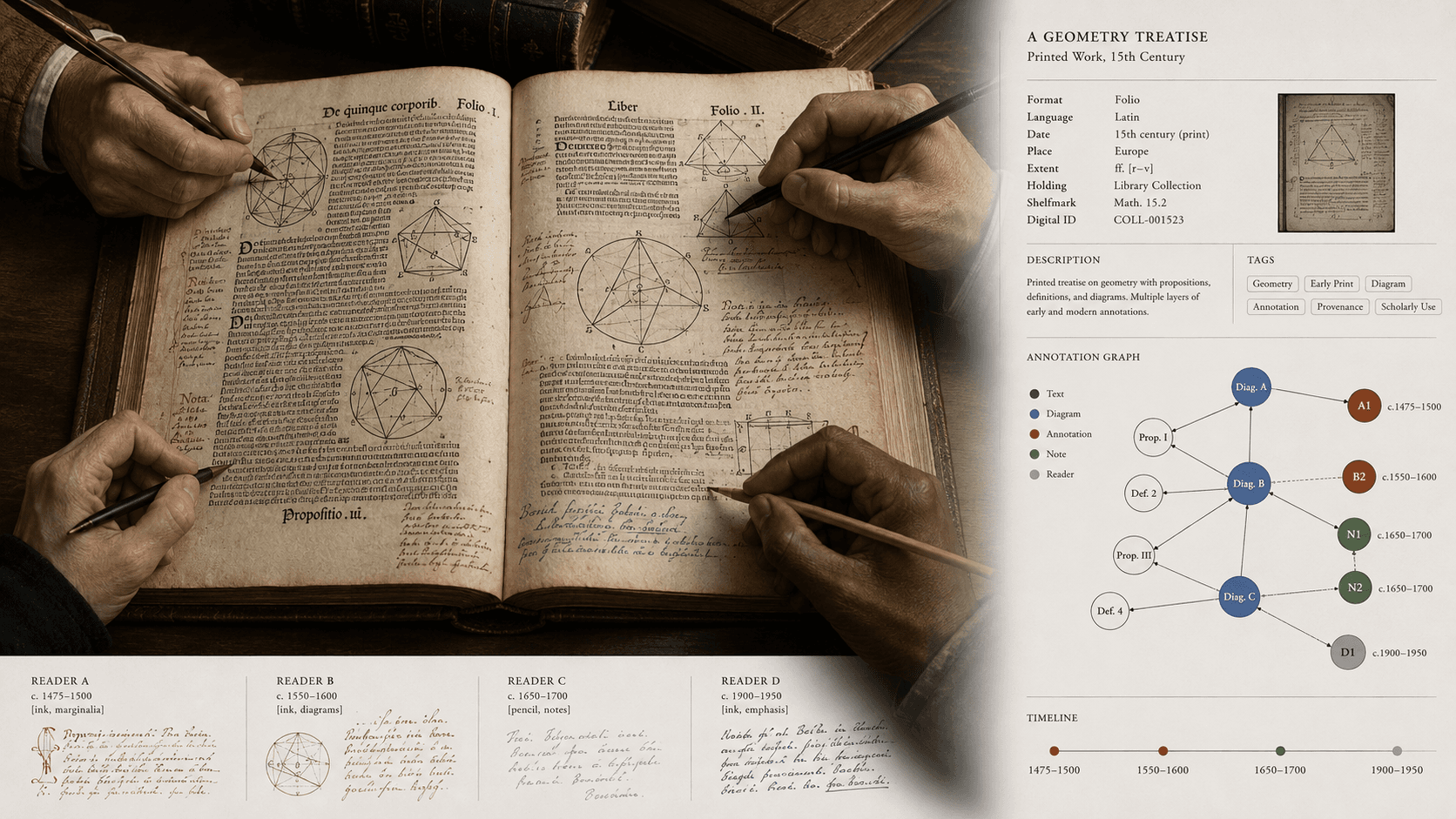 A geometry book with notes by several hands connects to a catalog record and digital annotation graph.