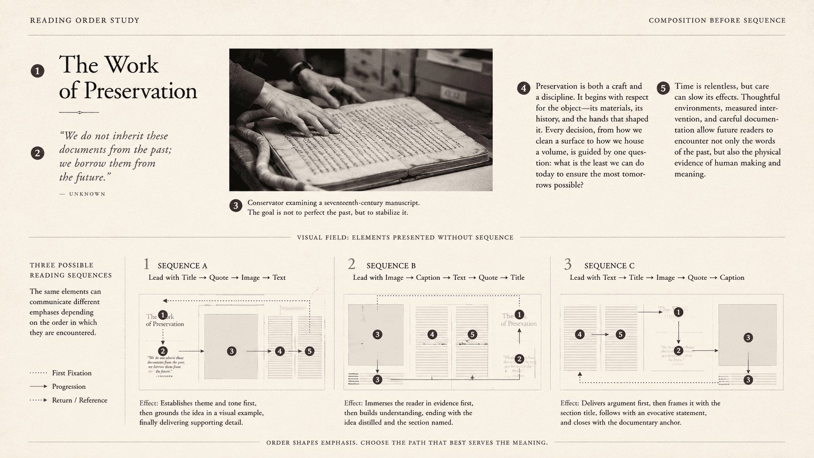 A complex page layout is shown with three different possible linear reading sequences.