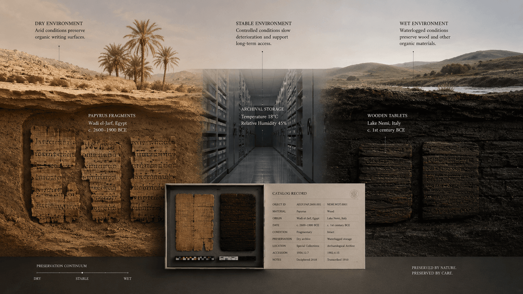 Dry papyrus and waterlogged wooden tablets transition into a modern digital archive.