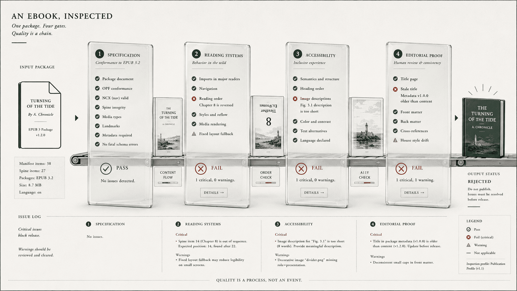 An ebook passes four checks for validity, interoperability, accessibility, and editorial quality.