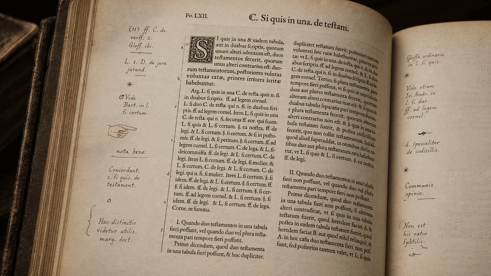 An early printed legal book has wide margins filled with notes, symbols, and a pointing hand.