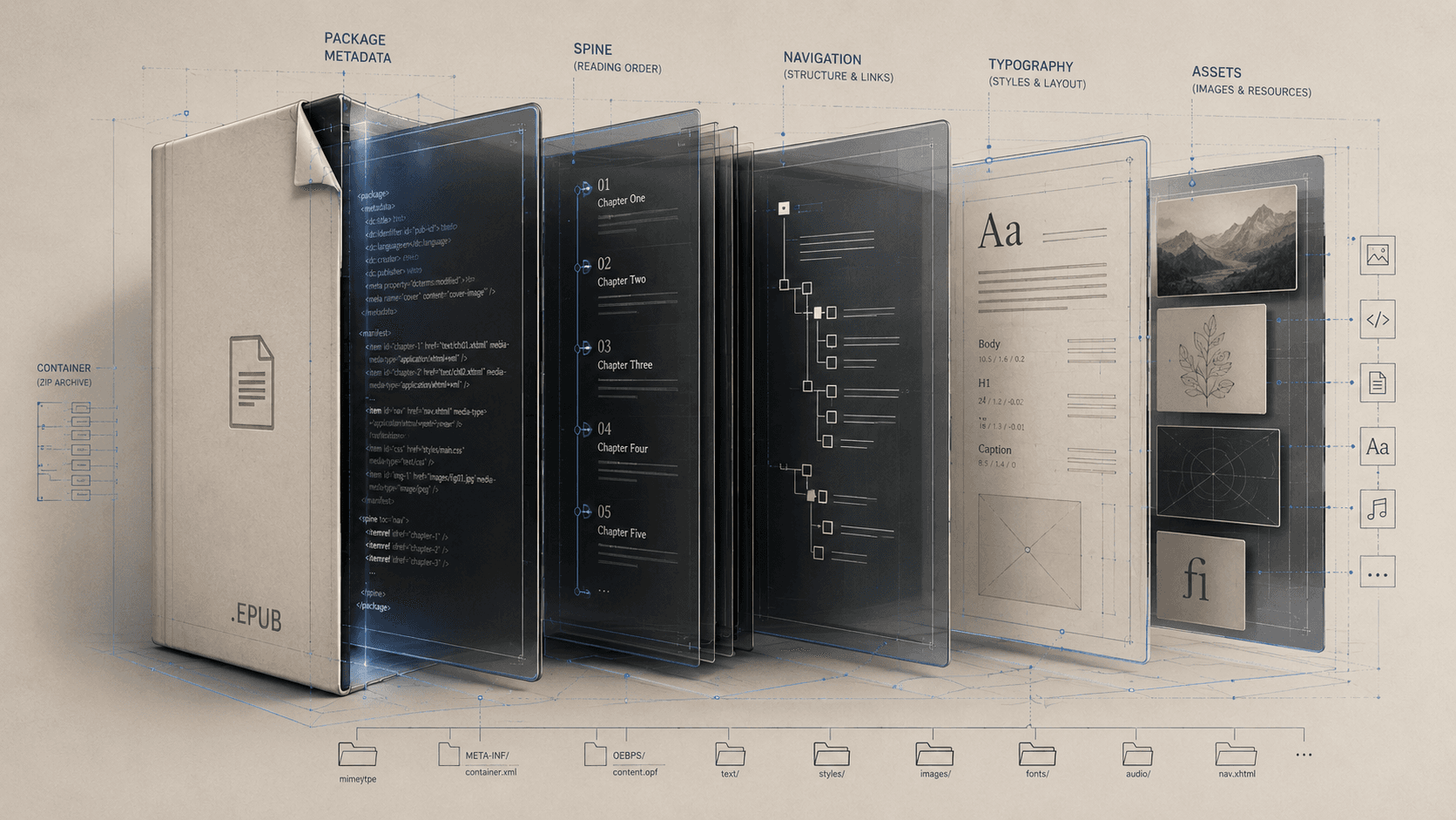 A single ebook file opens into layers representing metadata, chapters, navigation, styles, and images.
