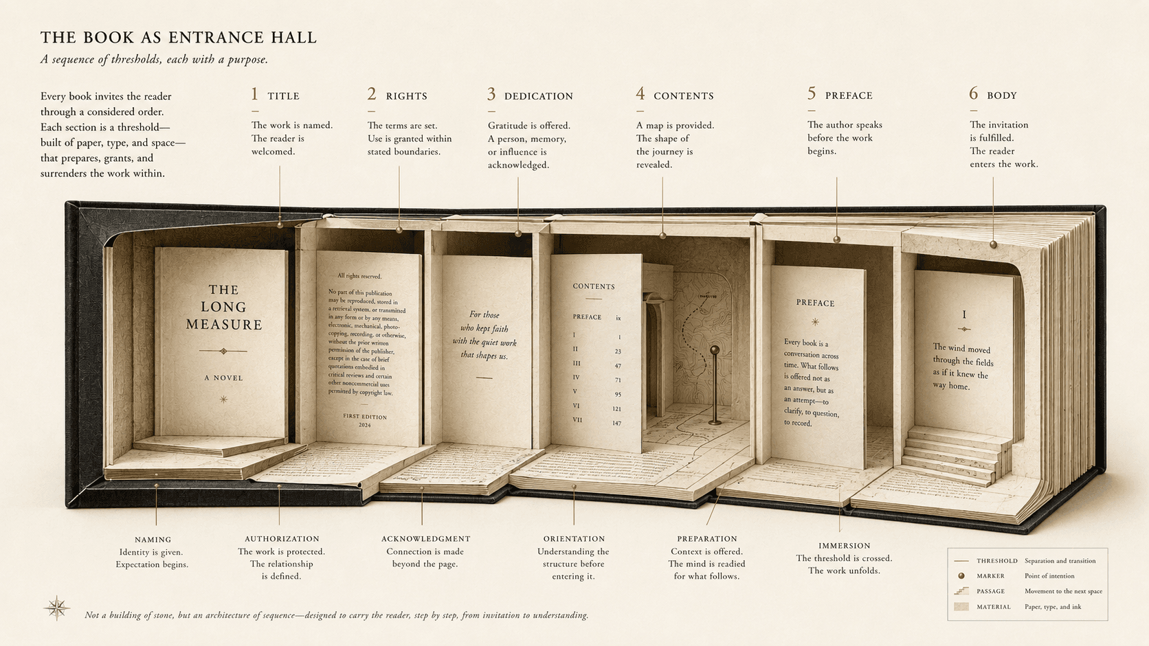Layered paper thresholds represent the title, rights, dedication, contents, preface, and body of a book.