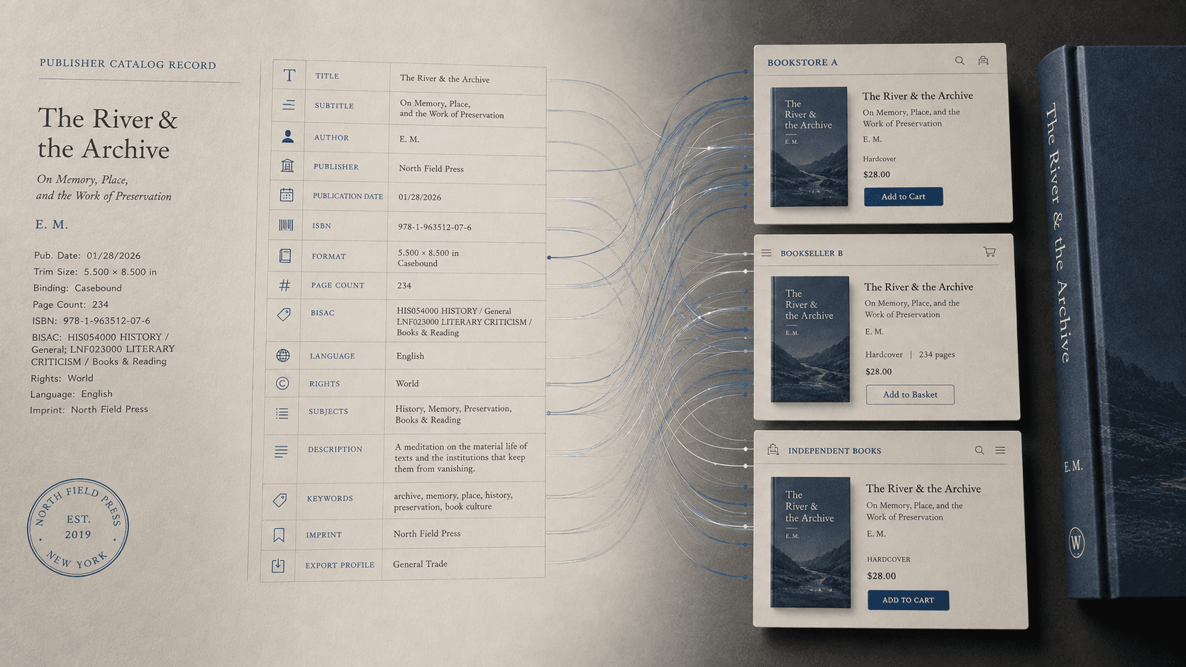 Structured book metadata flowing from one publisher record to several retail displays.