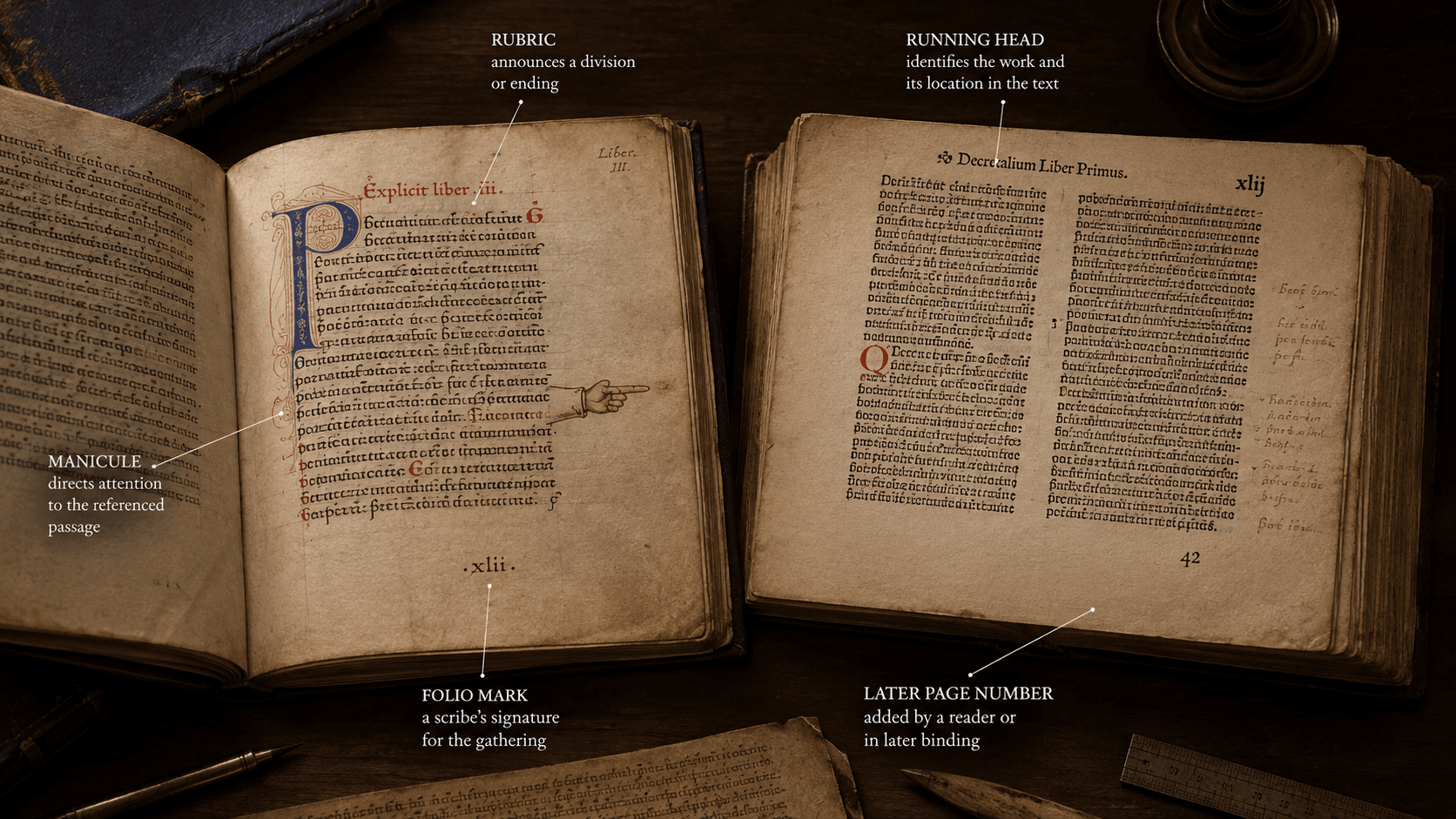 An open manuscript and early printed book show headings, a pointing hand, folio marks, and page numbers.