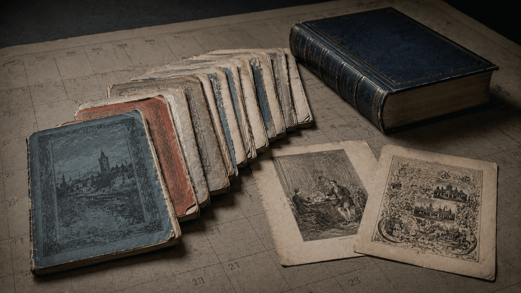 Victorian serial parts arranged in sequence beside a later bound volume.