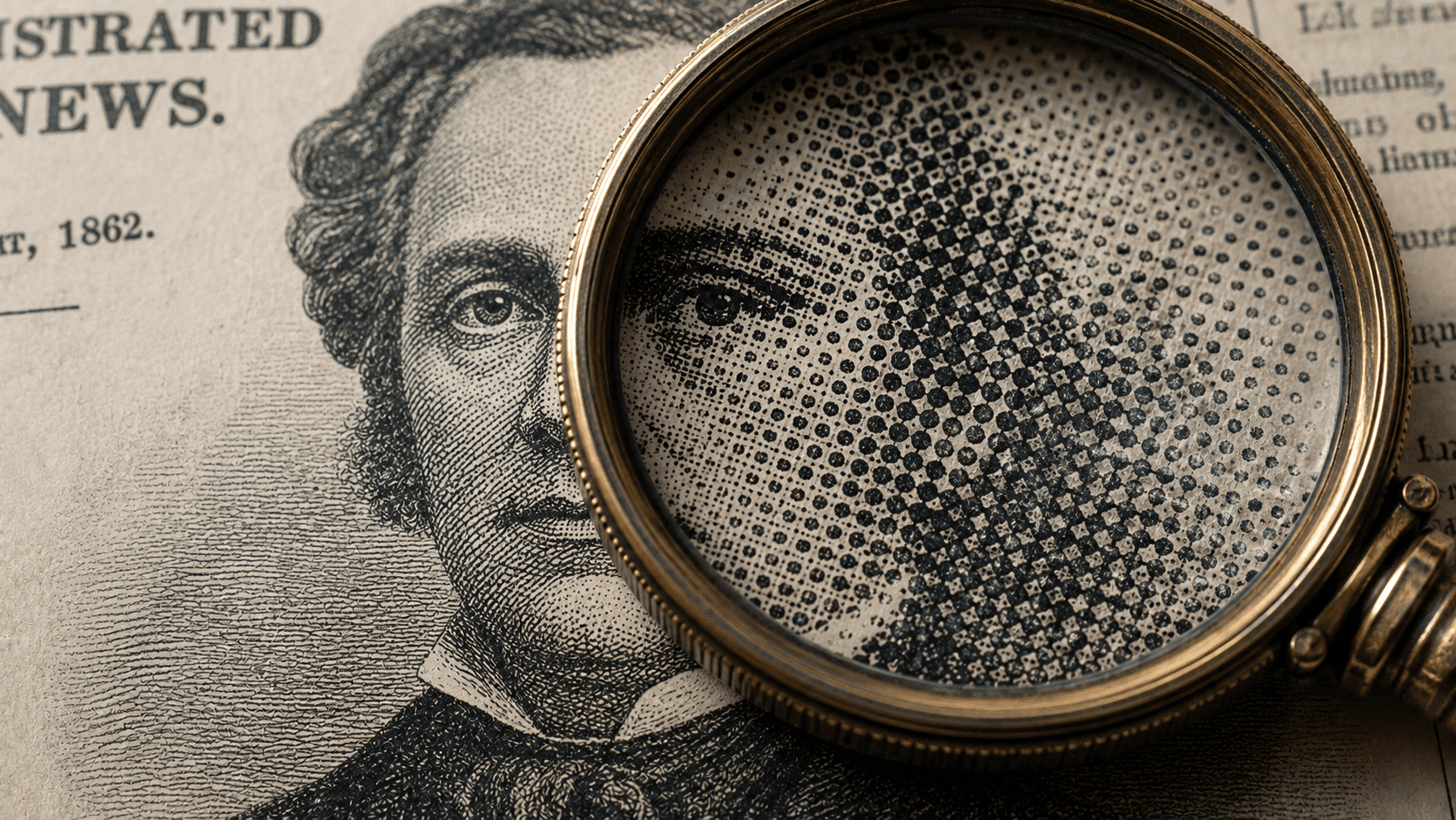A printed portrait dissolves into visible halftone dots beneath a magnifying loupe.
