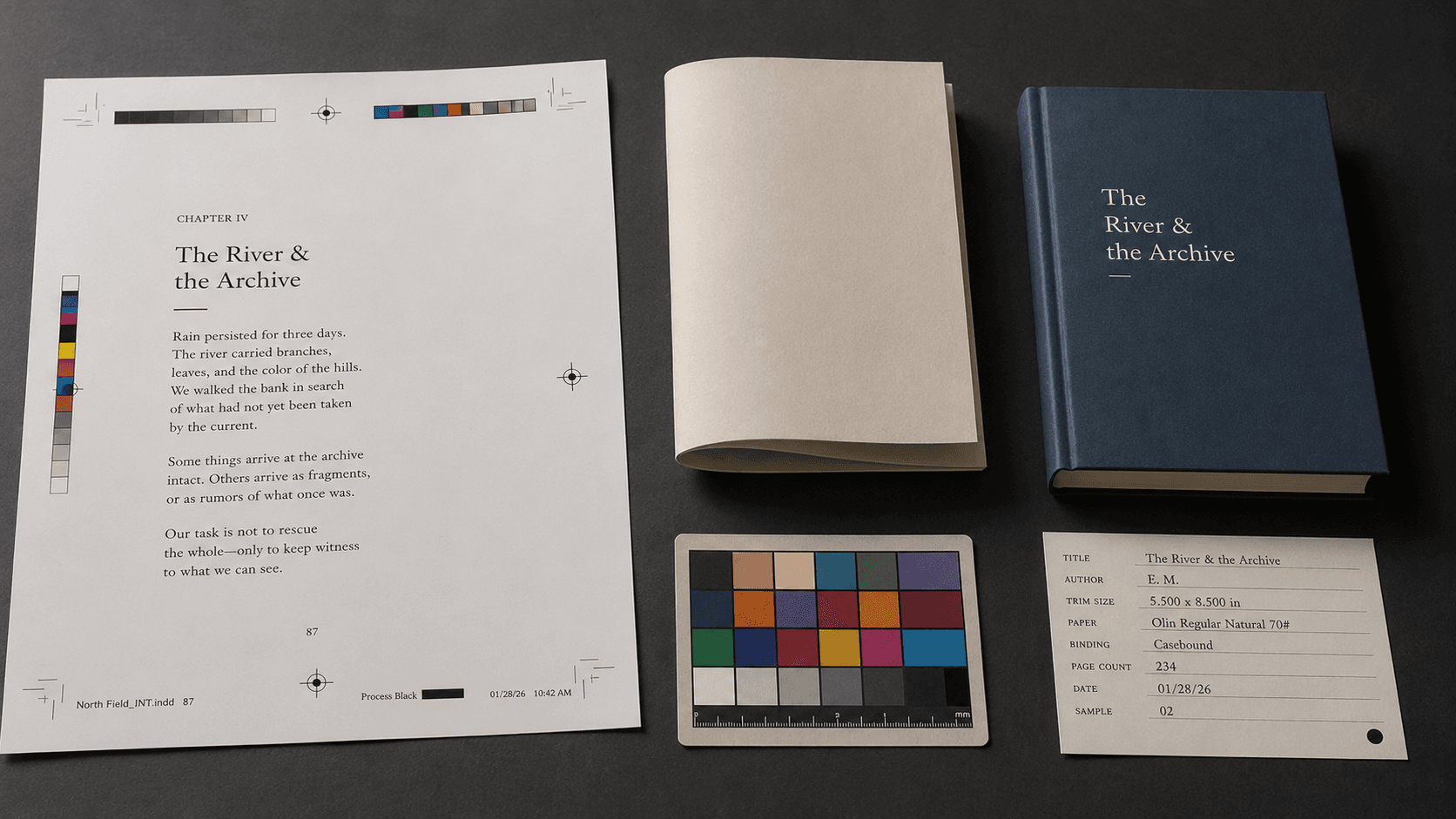 Several kinds of book proofs arranged together, including pages, a folded dummy, and a bound sample.