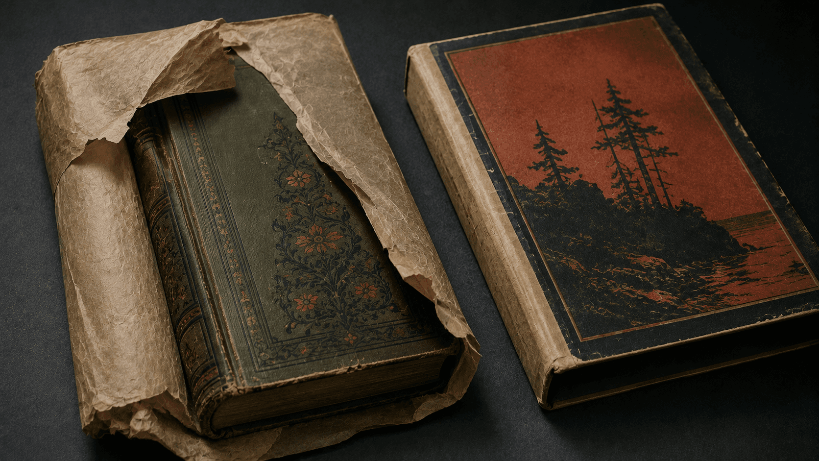 An old decorated book partly enclosed by a fragile paper wrapper beside a later dust jacket.