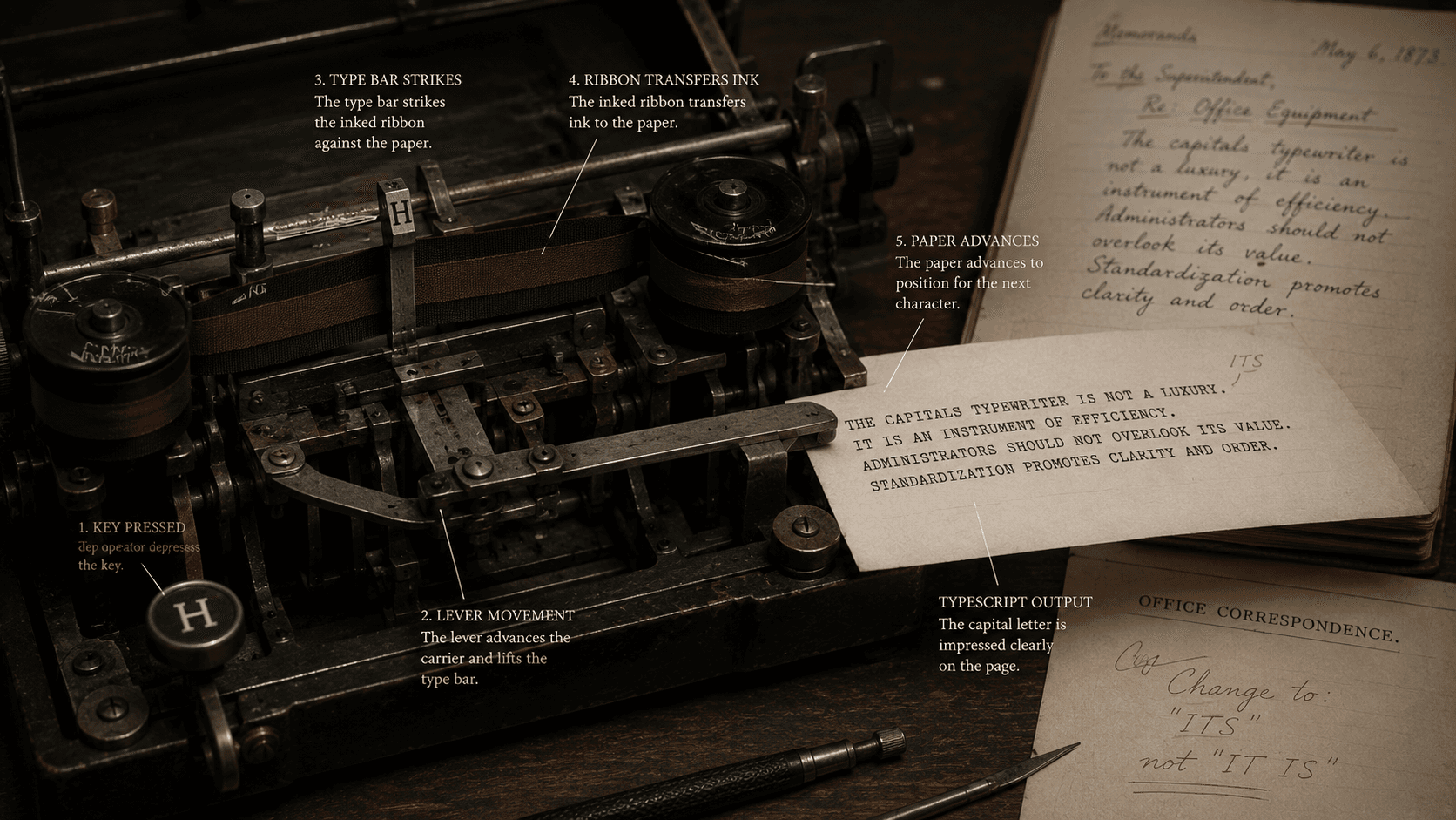 An early typewriter mechanism turns a keystroke into a capitals-only typescript beside handwritten notes.