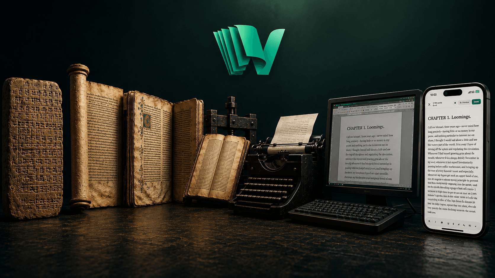 Wexley Pro publishing timeline showing the evolution from ancient clay tablets and manuscripts to the typewriter, desktop computer, and modern mobile publishing on a smartphone.