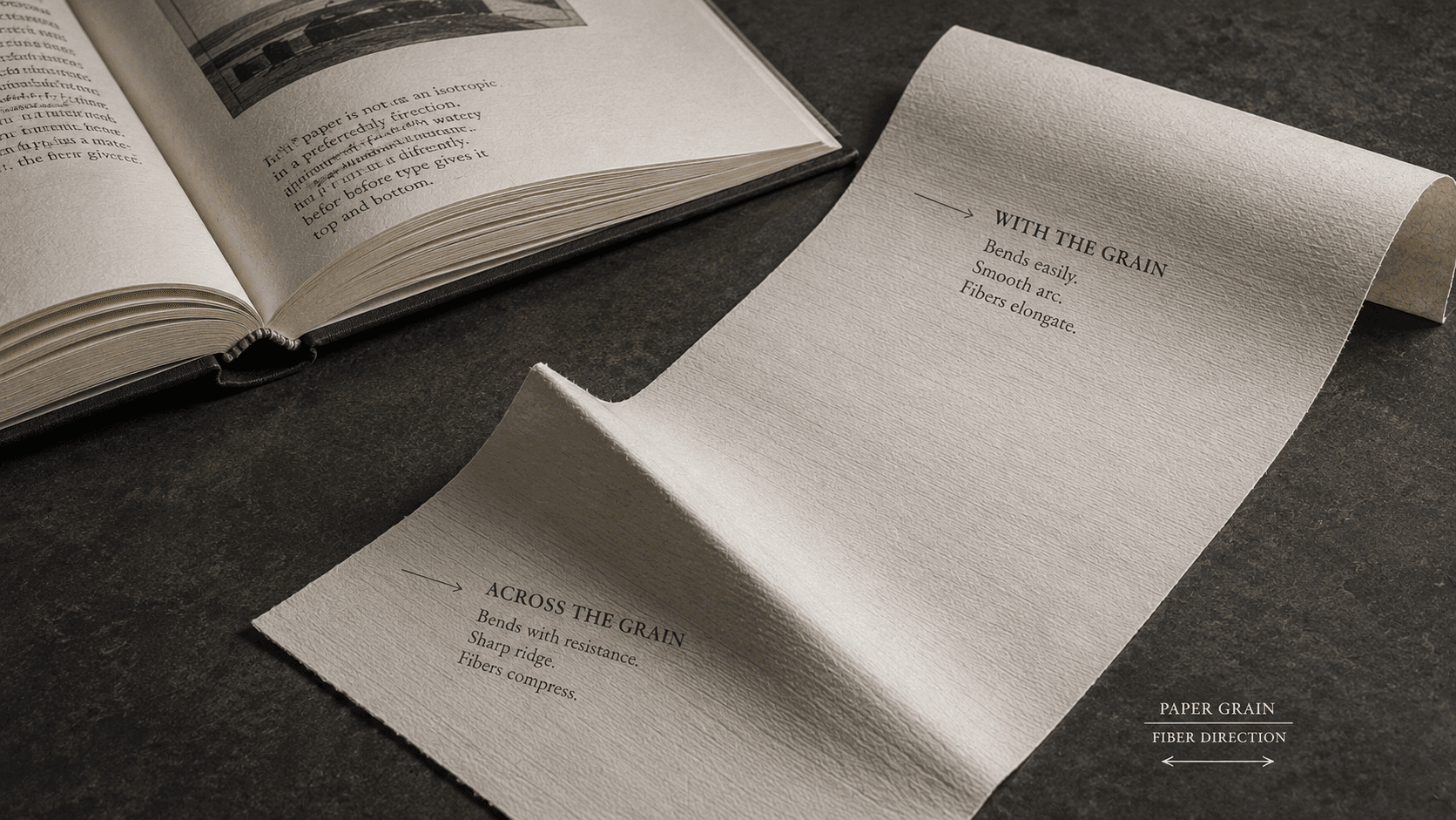 A paper sheet bends easily with its fibers and resists across them beside an open book.