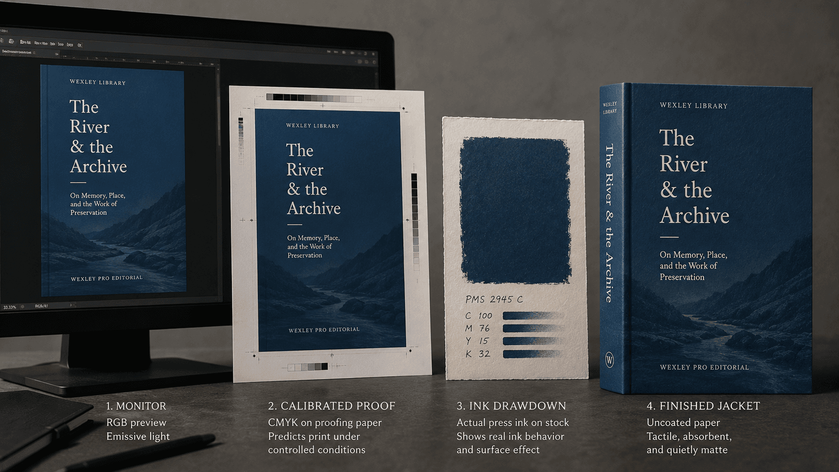 One blue cover appears on a monitor, proof, ink sample, and finished printed jacket.