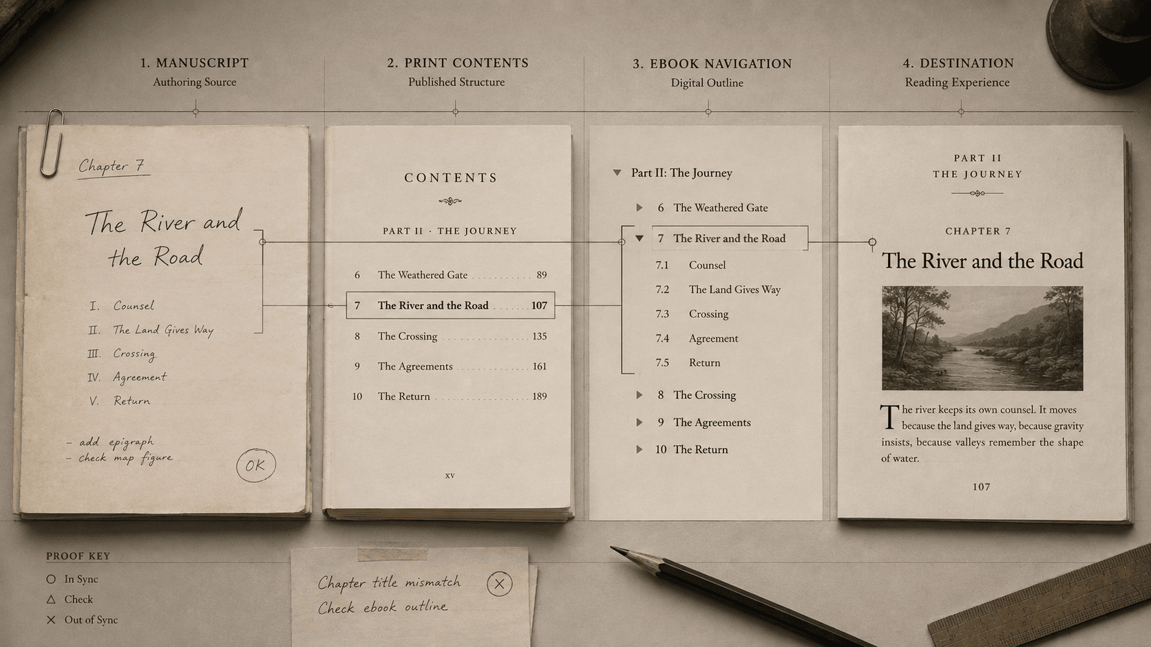 One chapter title appears across a manuscript, print contents, ebook navigation, and chapter heading.
